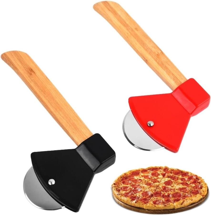 Set van 2 RVS Pizzasnijders in Bijzondere Bijlvorm met Houten Handvat voor Perfecte Snede van Pizza Wafels en Pannenkoeken