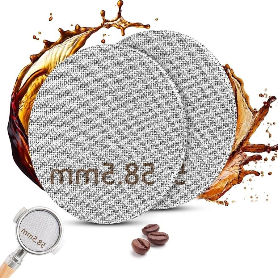 Set van 2 RVS Puck Screens 58.5mm voor Espresso Herbruikbare Filter met 150μm Dichtheid en 2 Schoonmaakborstels voor Koffiemachine