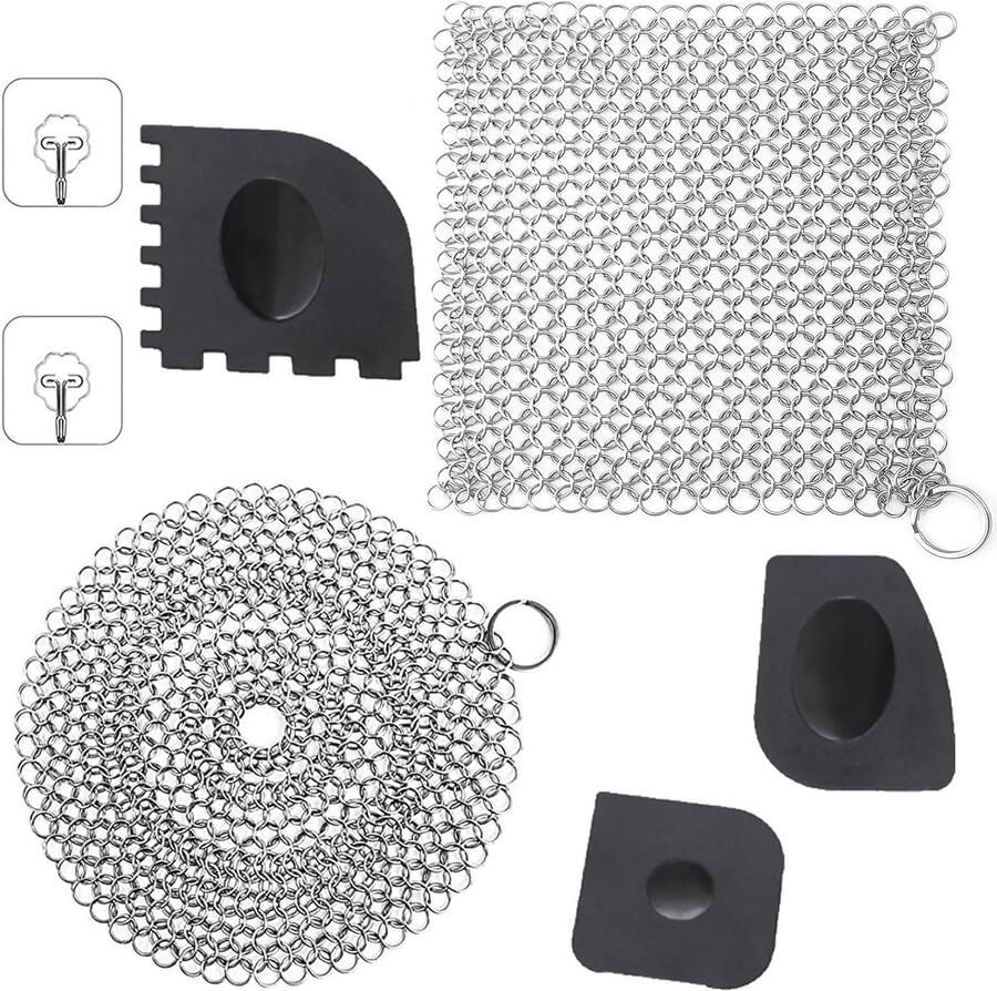 Set van 2 RVS schoonmaakmiddelen voor gietijzeren pannen inclusief ringreiniger plastic grillplaner en zelfklevende haken voor het onderhoud van Dutch Oven accessoires en meer
