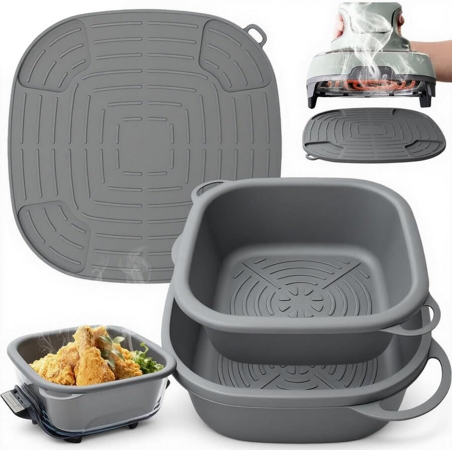 Set van 2 Siliconen Airfryer Vormen Inclusief Isolatiemat Herbruikbaar en Vaatwasserbestendig