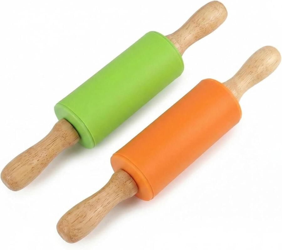 Set van 2 siliconen deegrollen met anti-aanbaklaag 22 cm ideaal voor fondant en bakken geschikt voor kinderen en volwassenen groen en oranje