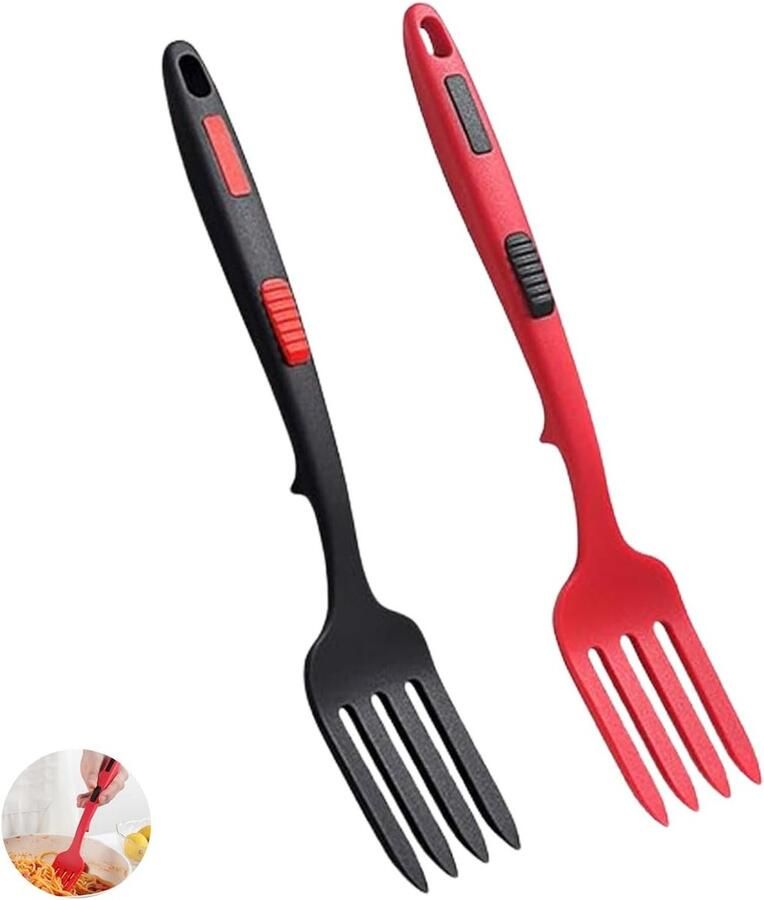 Set van 2 Siliconen Vorken voor Koken Hittebestendig Antiaanbaklaag Ideaal voor Pasta en Bakken Kleuren: Rood en Zwart 181g