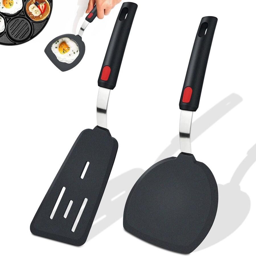 Set van 2 spatels siliconen keukenhulpen voor spiegelei pannenkoeken vis hamburgerpatties steaks en andere gerechten (zwart)