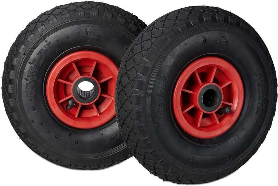 Set van 2 steekwagenwiel 3.00-4 luchtbanden reservewiel kunststof velg 260x85 mm Ø as 25mm zwart-rood