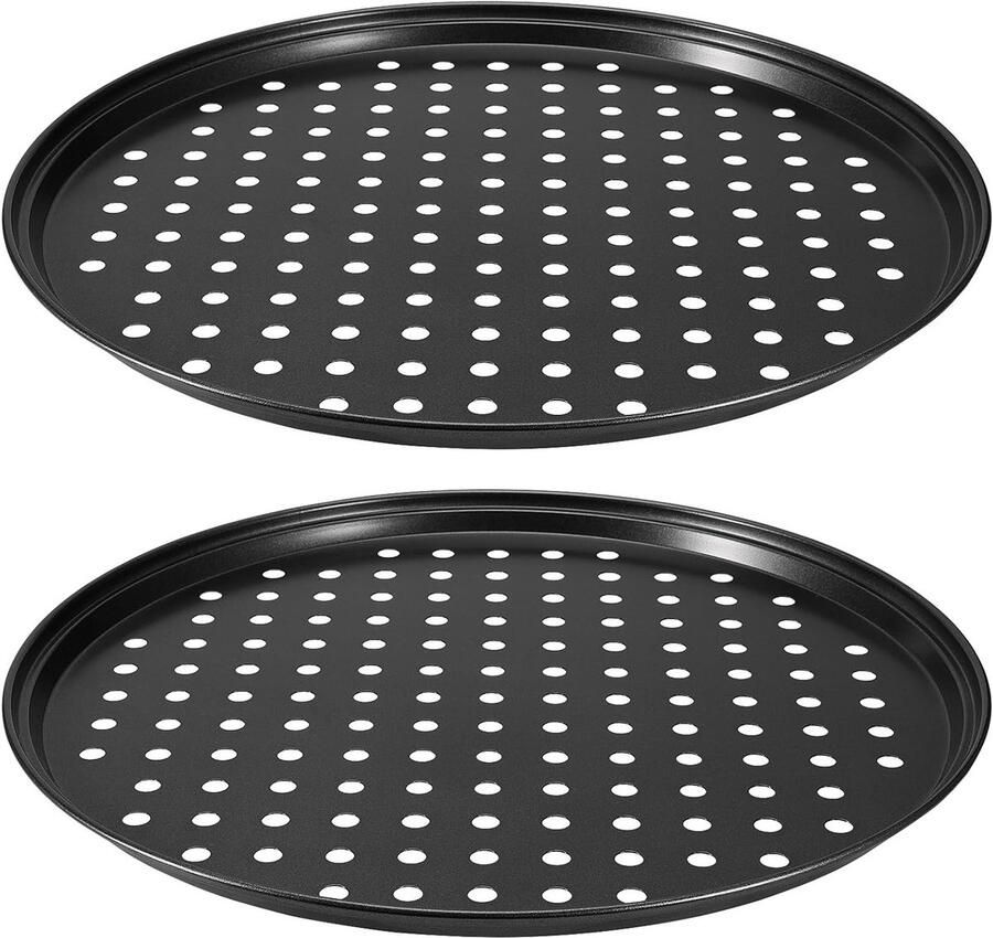 Set van 2 Stuks 30cm Antiaanbak Pizza Bakplaten 32cm x 1.5cm Carbon Staal met Gaten voor Perfecte Pizza's Oven- en Vaatwasserbestendig