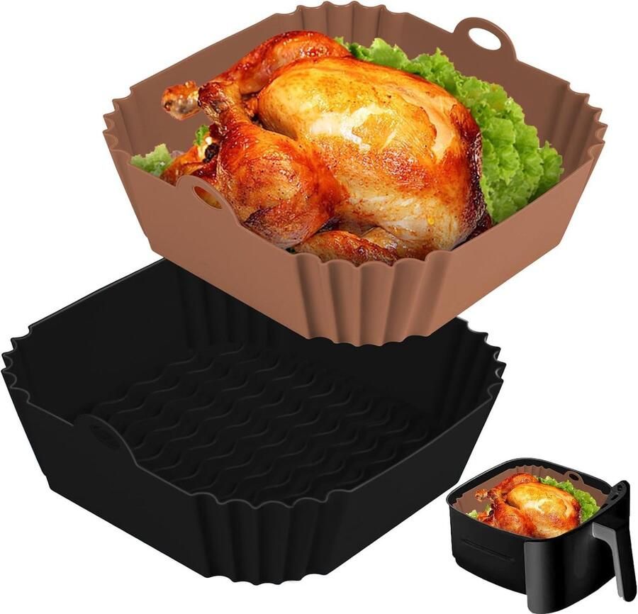 Set van 2 vierkante siliconen inzetstukken voor de airfryer 20 cm (8 inch) herbruikbaar Airfryer accessoires Inzetstukken voor airfryer ovens en magnetrons van 4 tot 7 liter (zwart + bruin)