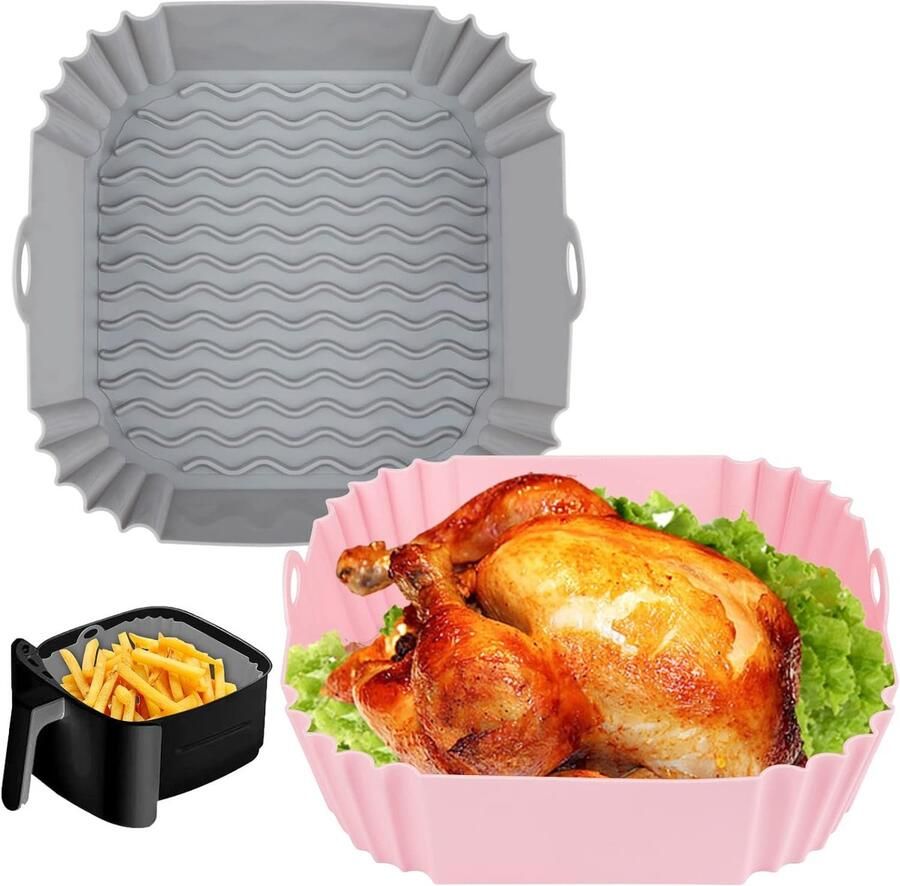 Set van 2 vierkante siliconen inzetstukken voor de airfryer 20 cm herbruikbaar Airfryer accessoires Inzetstukken voor airfryerovens en magnetrons van 4 tot 7 liter (grijs + roze)