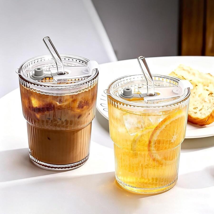 Set van 2 waterglazen met deksel en rietje en borstel 400 ml sapbeker cocktailglazen glazen ijskoffiebekers premium bierglas voor familie feest sap smoothie
