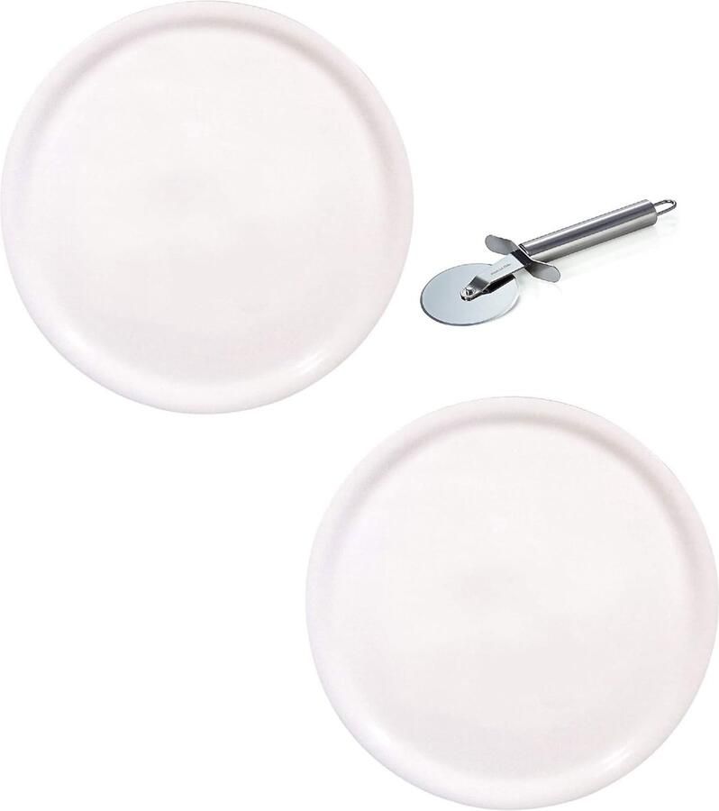 Set van 2 Witte Pizzaborden Ø31cm van Porselein inclusief Pizzasnijder