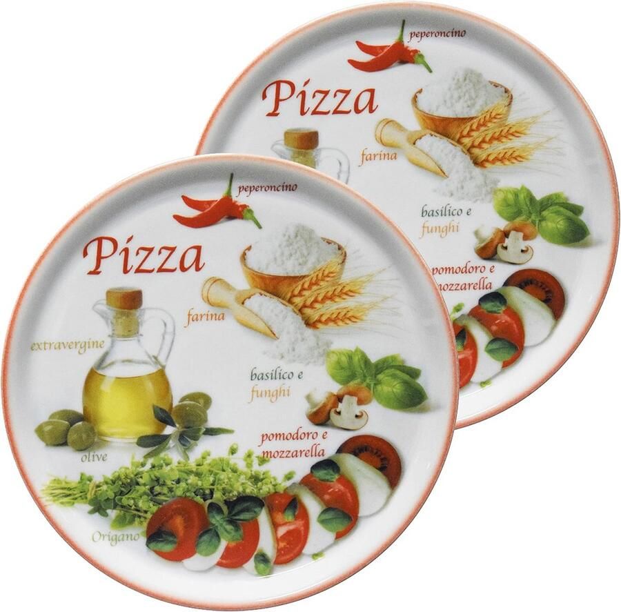 Set van 2 XL pizzaborden 33 8 cm kleurrijk porselein mediterraan motief geschikt voor magnetron en vaatwasser
