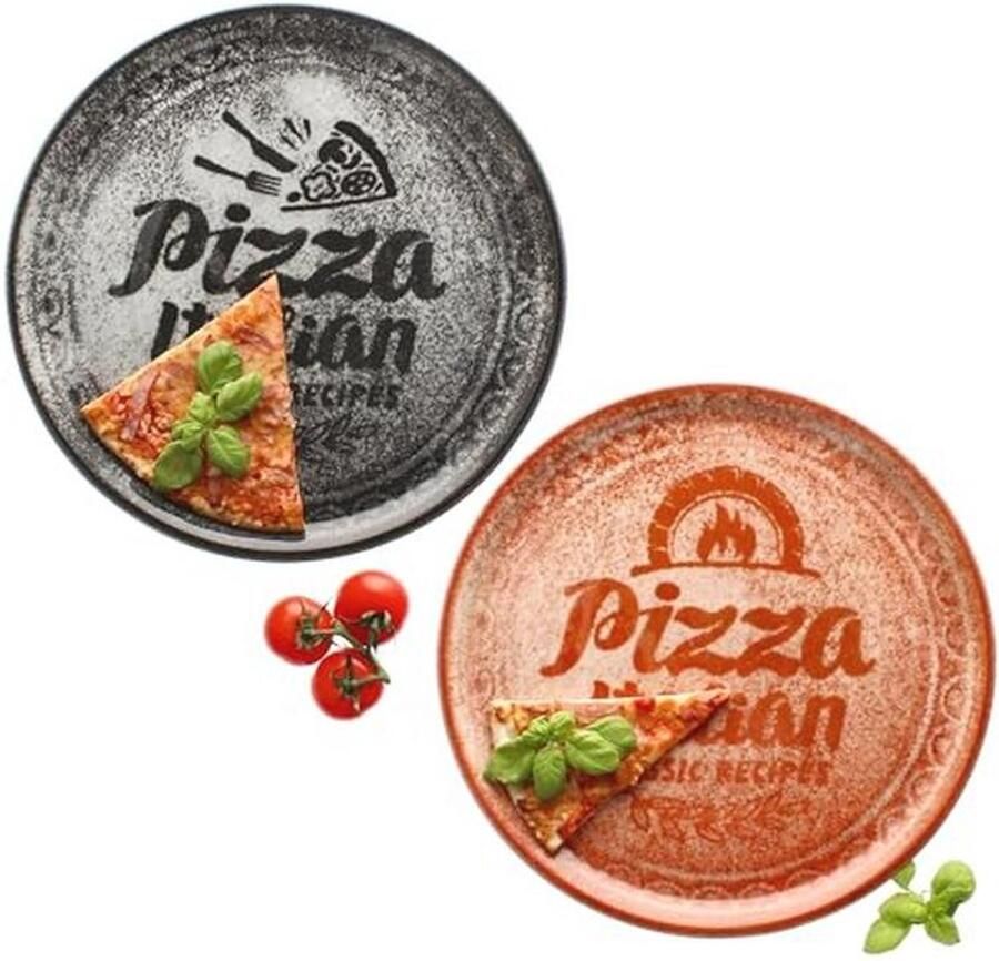 Set van 2 XL pizzaborden voor 2 personen Rood en Zwart Ø 31 cm Porselein met decoratieve letters