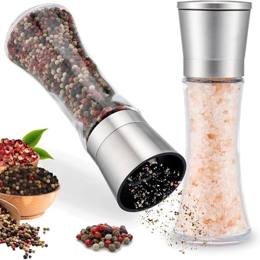 Set van 2 zout- en pepermolen peper- en zoutmolen kruidenmolenset met verstelbaar keramisch maalwerk roestvrijstalen kruidenmolen voor specerijen peper zout en chili