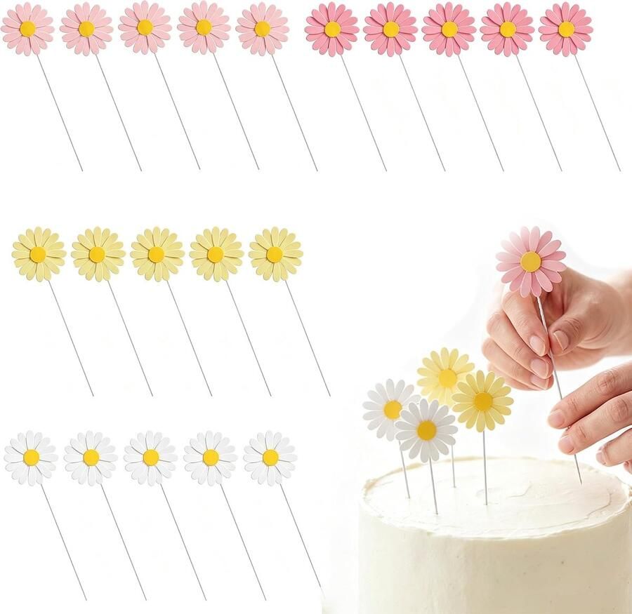 Set van 20 grote madeliefjestaartdecoraties papieren bloemtoppers perfect voor verjaardagsfeesten bruiloften middagthee en bakdisplays