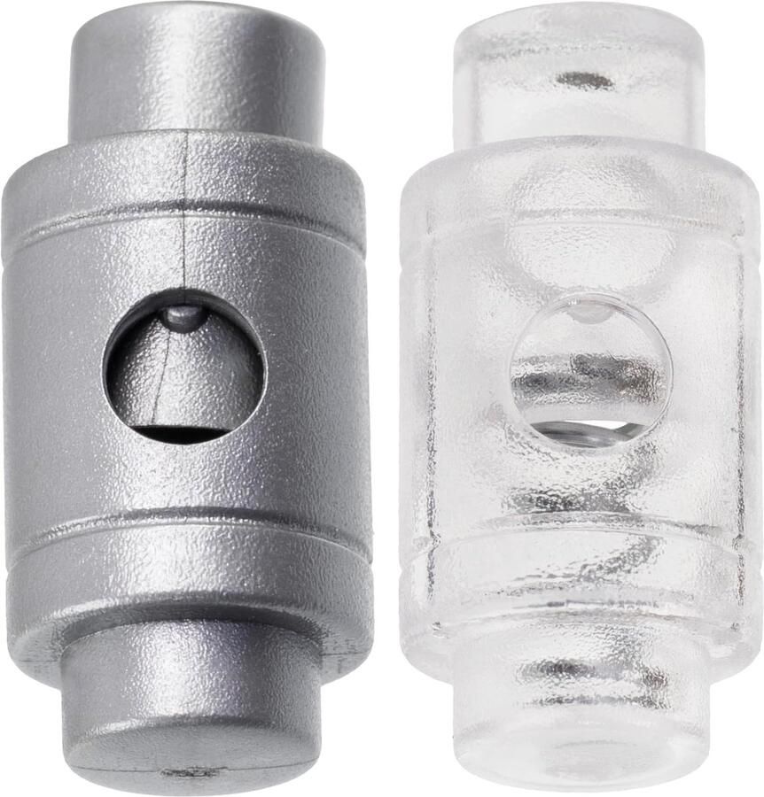 Set van 20 veerbelaste cilindrische koordsloten met 1 gaten aanslagklem stopkoord 4 mm opening kunststof kleur zilver en wit transparant