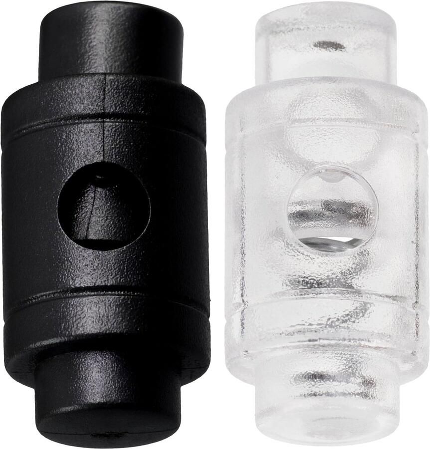 Set van 20 veerbelaste cilindrische koordsloten met 1 gaten stopklem stopkoord 4 mm opening kunststof kleur transparante witte en zwart