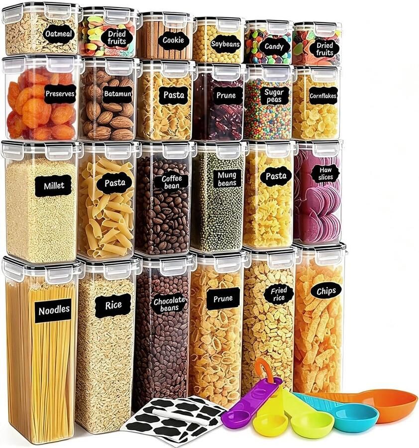 Set van 24 Luchtdichte Voedselopslagcontainers Complete Keukenorganisatie Set met Deksels Inclusief Labels Pen en Maatschepjes
