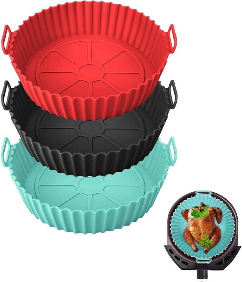 Set van 3 Airfryer Siliconen Potten & Manden Herbruikbare Accessoires voor Oven en Magnetron (20 cm)