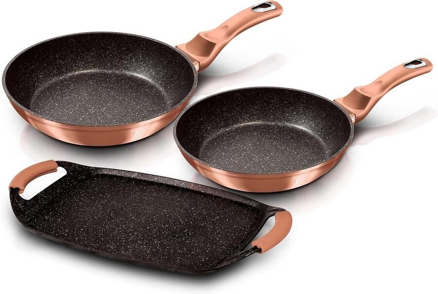 Koekenpan Set Grillplaat Koken en Grillen Marmeren Antiaanbaklaag 3 Delig Rose Goud