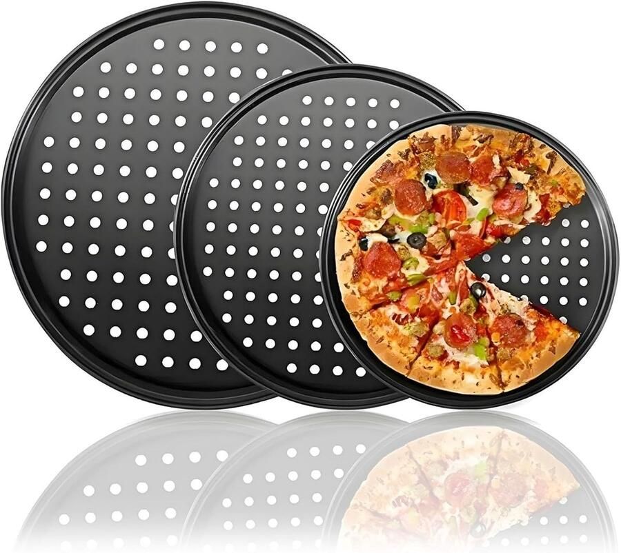 Set van 3 Antiaanbak Perforated Pizza Bakplaten van Koolstofstaal Ovenbestendig voor Knappe Bodem en Gelijke Warmteverdeling Vaatwasser- en Koelkastbestendig voor Thuisgebruik