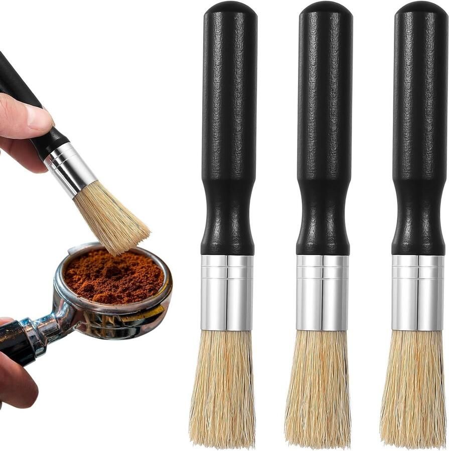 Set van 3 Barista Borstels voor het Schoonmaken van Espresso Machines en Koffiemakers Inclusief Zeefhouder en Poederborstel