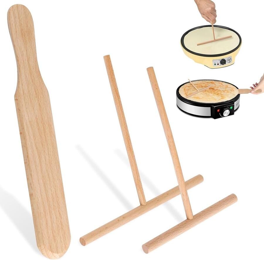 Set van 3 beukenhouten pannenkoekverdeler met T-vormige spatula en deegverdeler eenvoudig schoon te maken perfect voor pannenkoekenaccessoires bakken en keukenhulpmiddelen