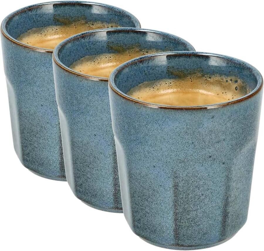 Set van 3 – Blauw Glazuur Bekers 200ml Zonder Oor – Keramische Espresso Kopjes en Cappuccino Bekers – Aardewerk Koffiemokken – Voor Koffie Thee en Horeca Gebruik