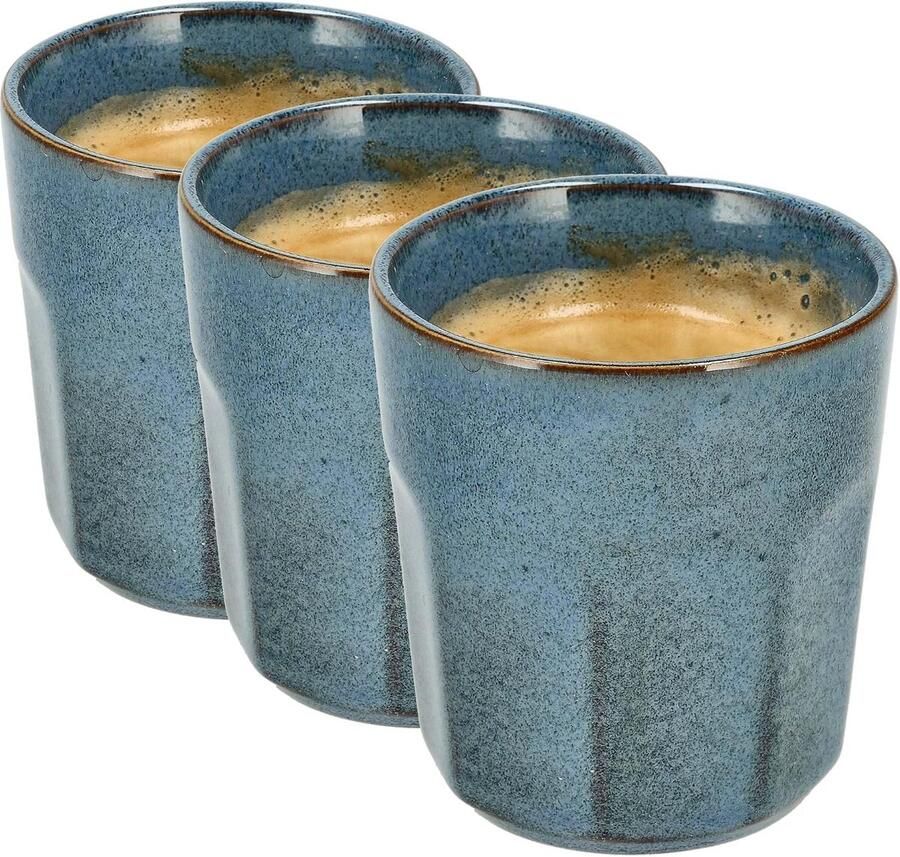 Set van 3 – Blauw Glazuur Bekers 200ml Zonder Oor – Keramische Espresso Kopjes en Cappuccino Bekers – Aardewerk Koffiemokken – Voor Koffie Thee en Horeca Gebruik