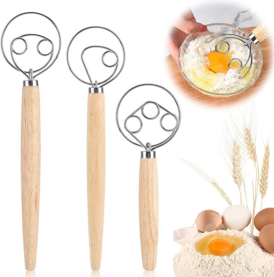 Set van 3 Deense deegtools: Deegborstel Klopper en Eierklopper met Houten Handvat voor Brooddeeg Taartdeeg en Pizzadeeg
