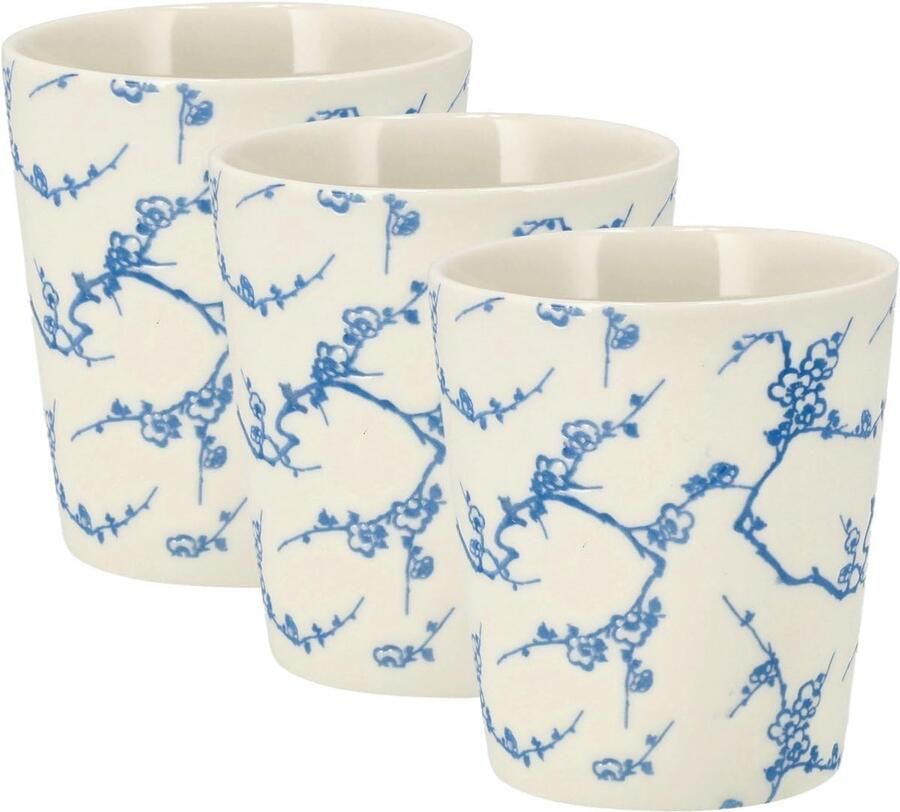 Set van 3 – Espresso Kopjes 200 ml Zonder Oor – Blauw Wit Bloesem Patroon – Keramische Koffiemokken voor Koffie Cappuccino en Thee