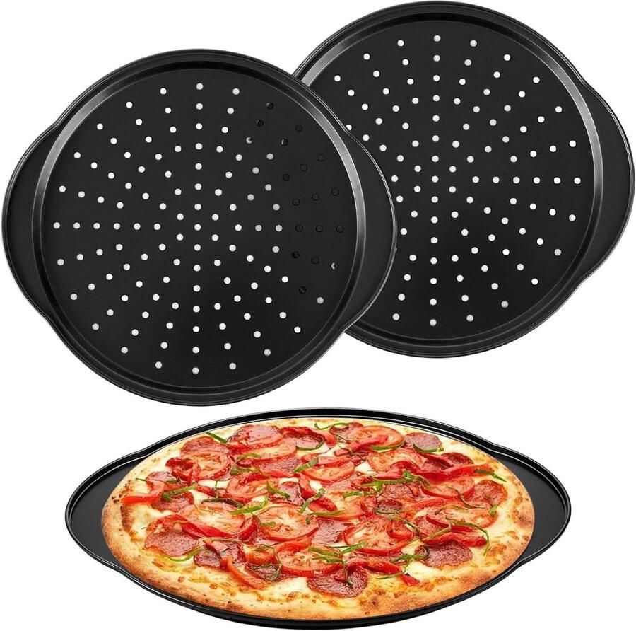 Set van 3 perforerende pizzaplaten van 12 inch met handgrepen ideaal voor knapperige pizza's en ovengebruik (35x30 5 cm)