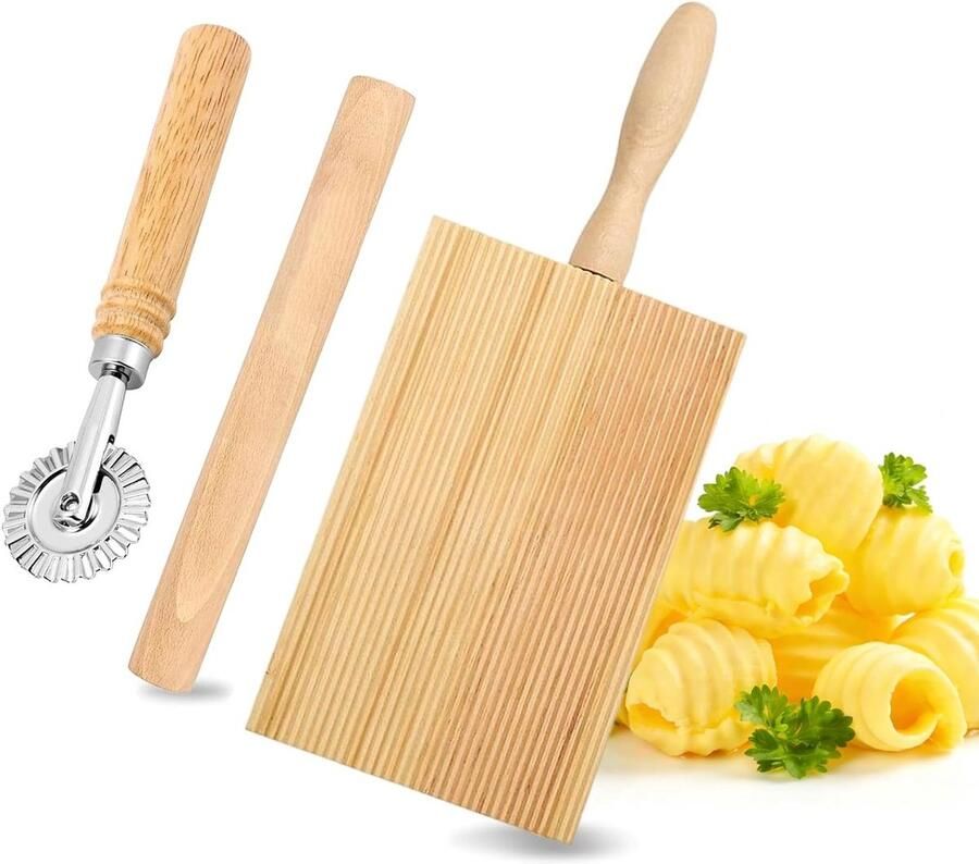 Set van 3 Gnocchi Borden van Hout met Snijders en Deegroller Perfect voor Pasta Gnocchi en Italiaanse Gerechten 20.5 x 8.2 cm Onmisbare Keukenaccessoires