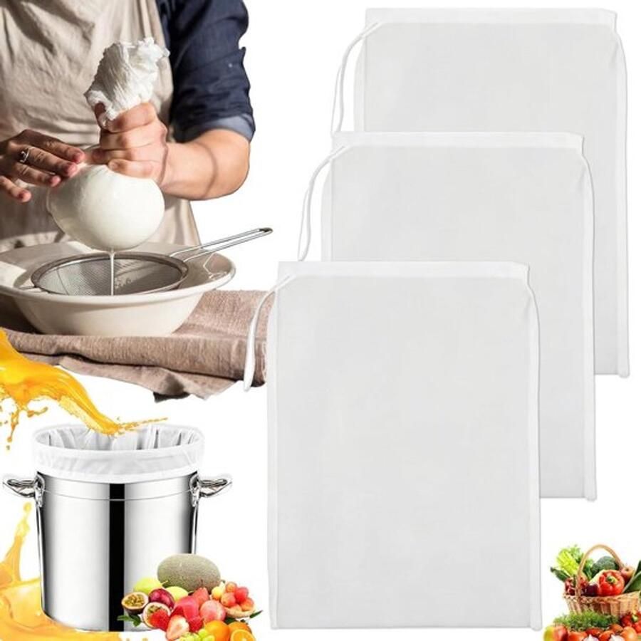Set van 3 Herbruikbare Passdoeken 200 Mesh 45 x 60 cm Met Trekkoord Ideaal voor Wijnie Koken en Brouwen Nylon Zeefdoek voor Bier Wijn en Sap