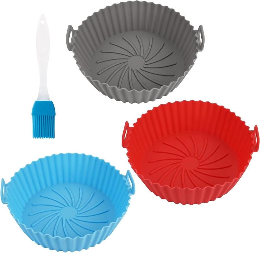 Set van 3 Herbruikbare Siliconen Bakvormen voor Airfryer Inclusief 16.5 cm Vorm en Kwasten Geschikt voor Oven en Magnetron