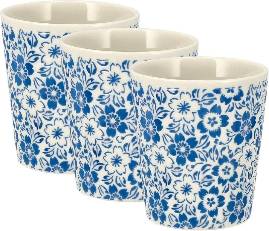 Set van 3 – Keramische Mokken Zonder Oor 200 ml – Blauw Wit Espresso Kopjes Bloemen Patroon Cappuccino Kopjes en Theekopjes