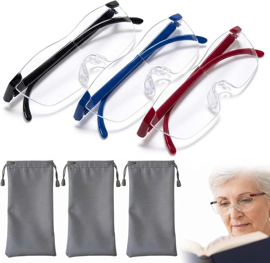 Set van 3 loepbrillen voor brildragers vergrotingsbril met 800% 1000% & 1600% vergroting vergrootglas leesloep voor senioren incl. 3 gevoerde brillenzakken kijkhulp voor handwerk