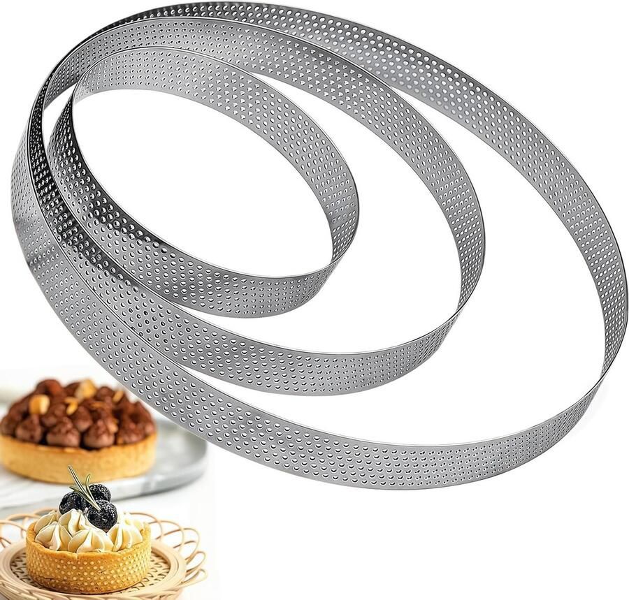 Set van 3 Microperforated Taartvormen van Rvs Professionele Bakringen voor Taarten Mousse en Muffins 10 15 en 20 cm Hoogte 2 cm
