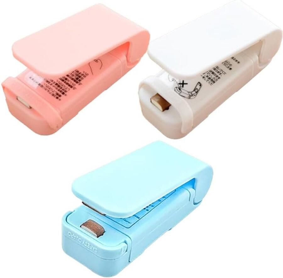 Set van 3 mini-sealers — draagbare handbediende heatsealer voor plastic zakjes Sealers voor het bewaren van chips Batterijgevoede hersluiters (roze wit blauw)