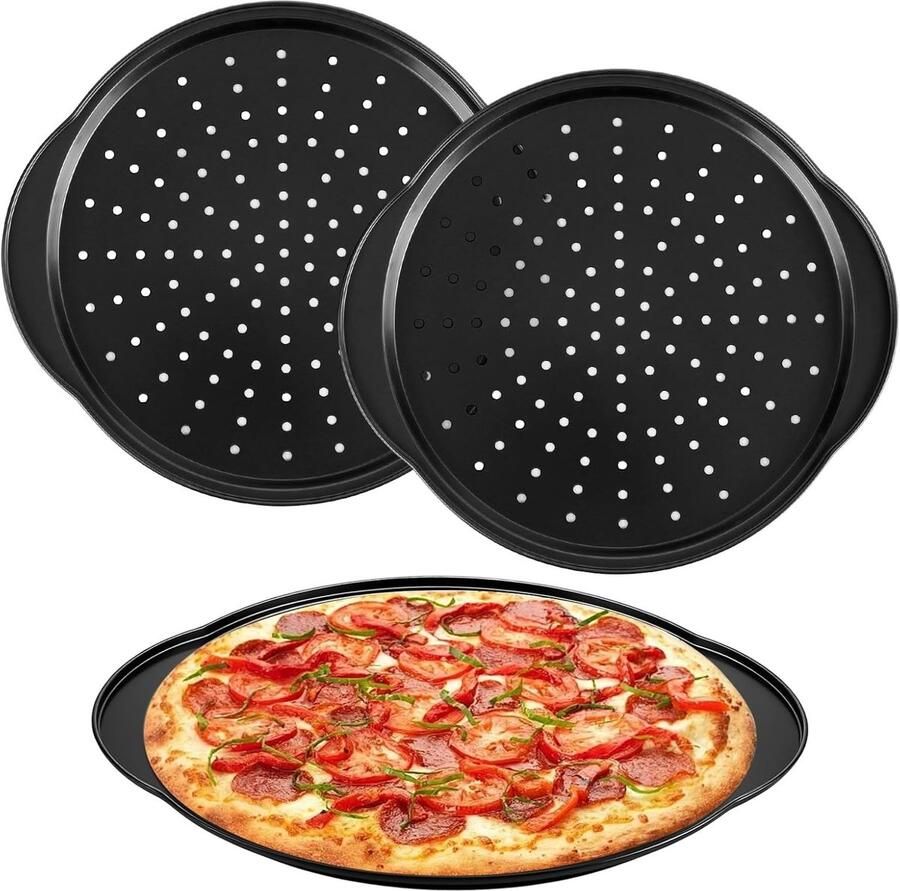 Set van 3 Perforated Pizza Pannen van 30 cm met Handvatten Ideaal voor Oven en Non-stick Bakken