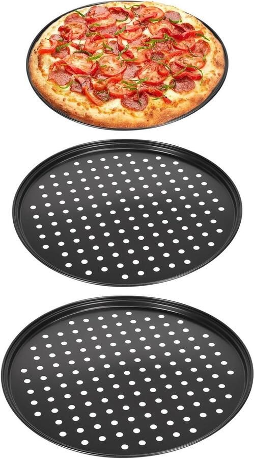Set van 3 Perforated Pizza Pannen van Koolstofstaal Warmtebestendig tot 388°C Antiaanbaklaag Ideaal voor Professioneel Pizza Bakken 32 cm 28 cm 24.5 cm