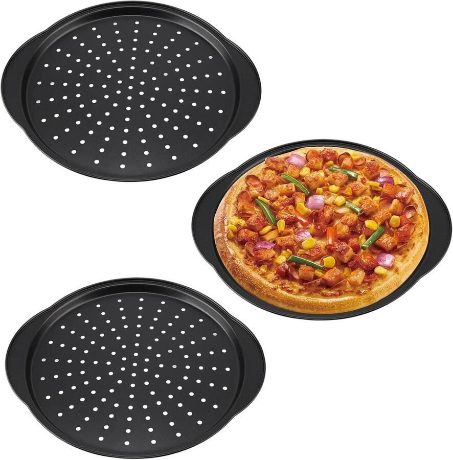 Set van 3 Perforated Pizza Platen van 32 cm Carbon Staal Anti-aanbak Ideaal voor Oven en Bakken van Pizza's