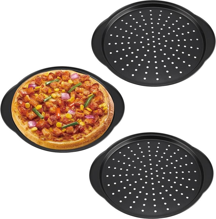 Set van 3 perforerende ronde pizza platen van 32 cm ideaal voor het bakken van knapperige pizza's in de oven met een antiaanbaklaag en perfect voor elke keuken