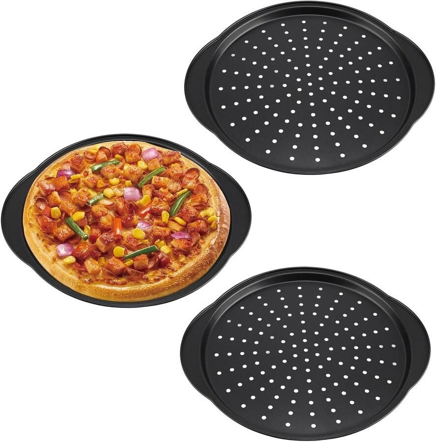 Set van 3 ronde perforatieschalen voor pizza van 32 cm Carbon staal anti-aanbak ideaal voor oven en keuken bakken