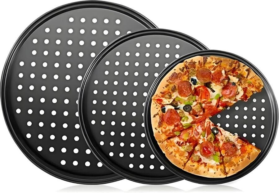 Set van 3 Ronde Pizza Bakvormen Antiaanbak & Geperforeerd voor Extra Krokante Bodem