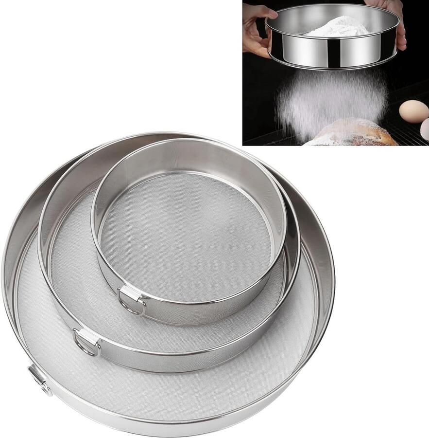 Set van 3 Ronde Zeefjes en Filteren van Roestvrij Staal met Lange Handgreep voor Bakken en Koken Fijn Gaas voor Meel en Voedsel