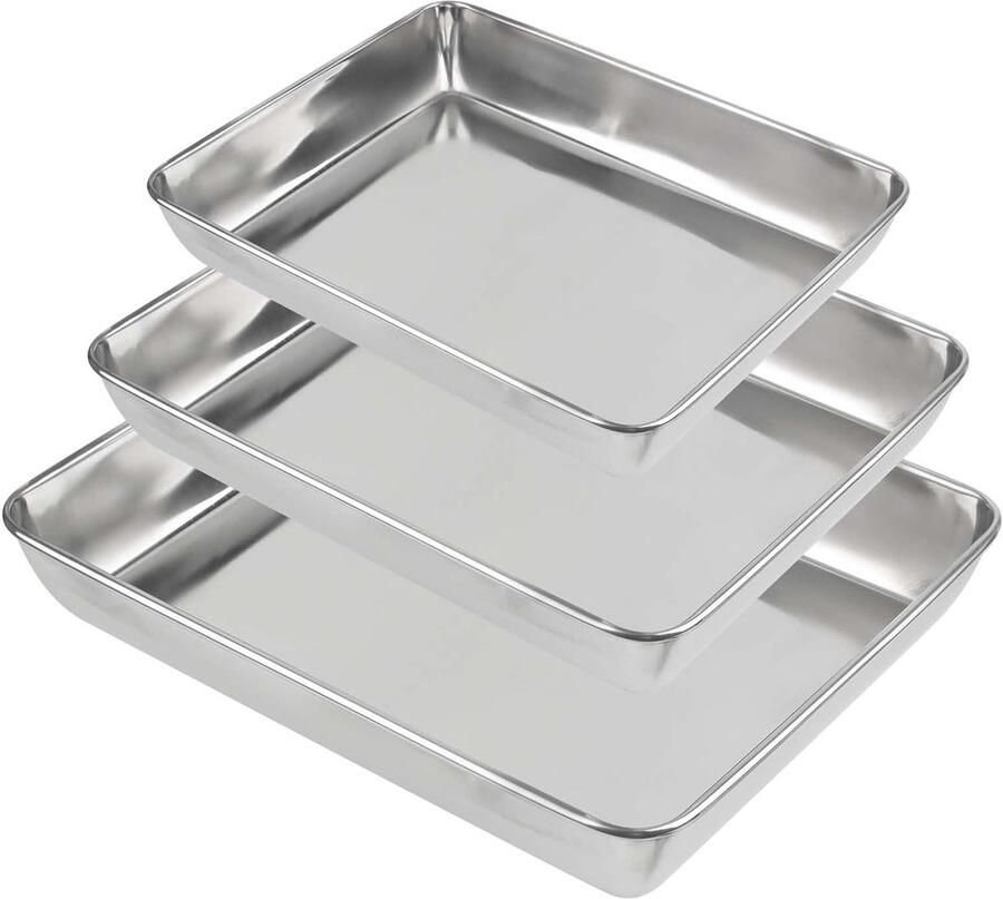 Set van 3 RVS Bakplaten in Maten voor Pizza Taart en Vlees 35x30cm 30x25cm 25x20cm