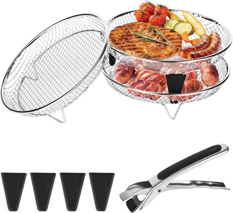 Set van 3 Stapelbare Airfryer Mandjes van RVS 20cm met Siliconen Voetjes en Tweezers voor Oven en Bakken