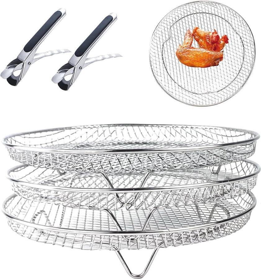 Set van 3 stapelbare manden voor airfryer met 2 tangen Roestvrij Stalen Rekken voor Luchtfriteuse