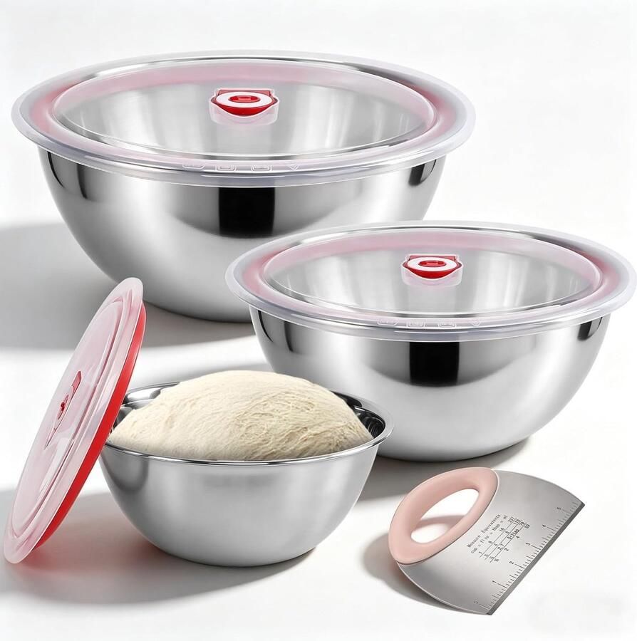 Set van 3 stapelbare roestvrijstalen containers voor pizzadeeg 800 ml 1200 ml 1800 ml met deksel en deegschraper perfect voor vers deeg en opslag