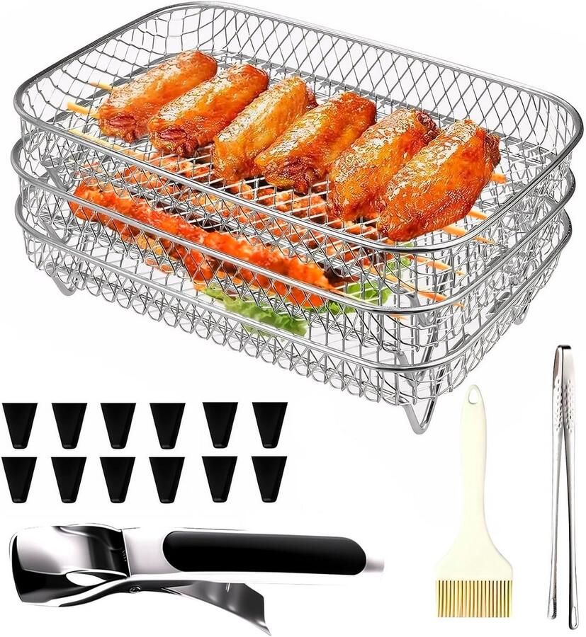 Set van 3 Stapelbare RVS Airfryer Racks met Toebehoren