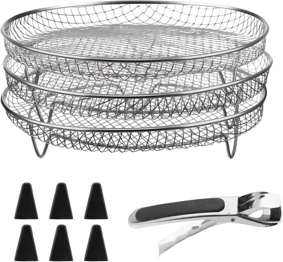Set van 3 Stapelbare RVS Mandjes voor Airfryer met Verhoogde Siliconen Voetjes en Bescherming tegen Brandwonden - Foto 1